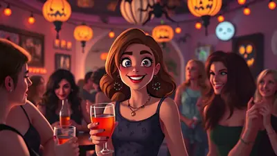 A group of women are enjoying drinks at a Halloween-themed bar, with jack-o'-lanterns and spooky decorations visible in the background.