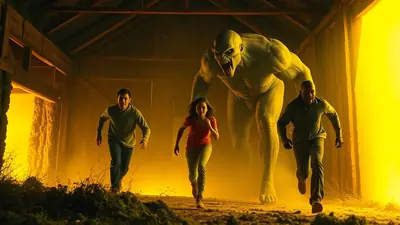 A giant, monstrous creature with green skin and sharp teeth looms behind three people who are running away from it inside a dimly lit, wooden structure. The scene is illuminated by a bright, yellow light source, creating a dramatic and suspenseful atmosphere.