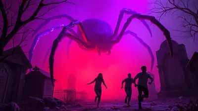 Three people run in terror through a graveyard at night, illuminated by a giant, glowing purple spider looming overhead.