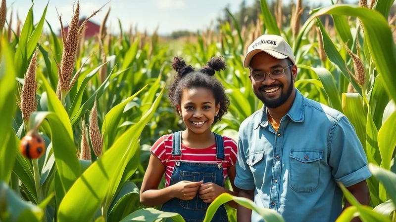 A smiling Black man and a young Black girl stand in a sunlit cornfield, surrounded by tall green corn stalks. The man wears glasses and a blue denim shirt, and the girl wears denim overalls over a striped shirt.