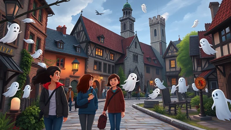 Three young women walk down a cobblestone street in a charming, old-world town filled with cartoonish ghosts. The buildings have a European architectural style, and the sky is a bright blue with a few clouds. The overall mood is whimsical and slightly spooky, fitting for Halloween.