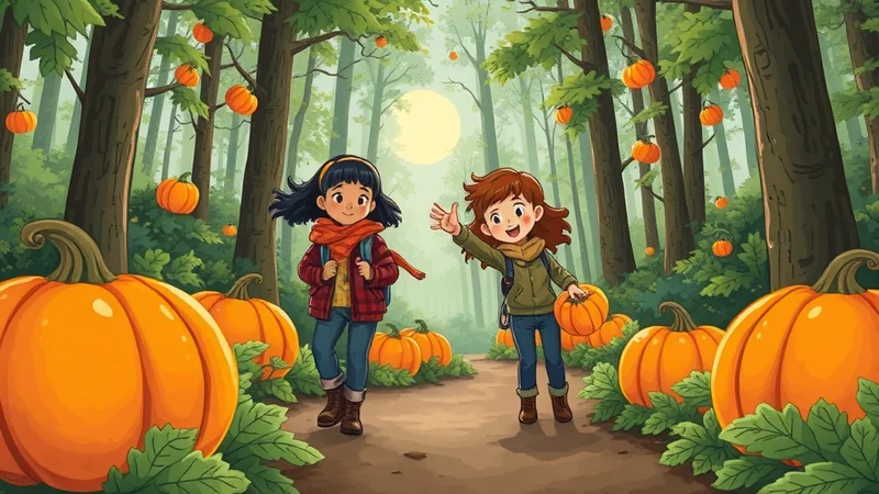 Two young girls are walking through a forest filled with pumpkins and autumn leaves. The girl on the left has dark hair and is wearing a red plaid jacket and an orange scarf. The girl on the right has brown hair and is wearing a green jacket and waving. The scene has a cheerful and festive Halloween atmosphere.