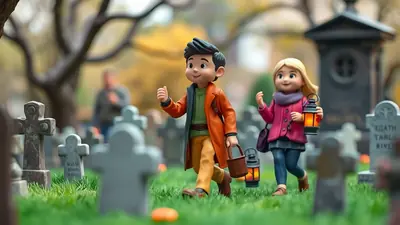 Two cartoon children, a boy and a girl, walk through a graveyard at dusk, holding lanterns and a bucket, with tombstones and a blurred figure in the background.
