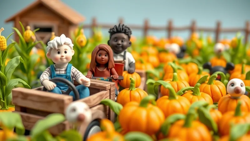Three cartoon children, two boys and one girl, are in a wooden wagon filled with pumpkins. They are in a pumpkin patch with corn stalks and a small wooden barn in the background.