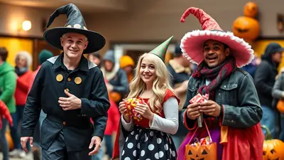 Three people in Halloween costumes, two women and one man, are smiling and holding candy. The man on the left wears a black witch hat and a black outfit with gold buttons. The woman in the middle has blonde hair, a green party hat, and a red and white polka dot dress. The man on the right wears a large pink witch hat, a scarf, and a colorful skirt over pants, holding a bag of candy.