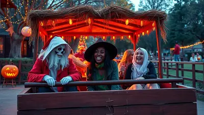 Three people are riding in a wooden cart decorated for Halloween. On the left, a person in a skeleton costume with a white beard and red coat. In the middle, a woman in a witch hat and green jacket. On the right, a woman wearing a hijab and black jacket. They are all smiling and appear to be enjoying a festive Halloween event.