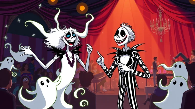 Jack Skellington and a ghostly figure stand on a stage in front of a red curtain, surrounded by floating ghosts, while an audience watches.