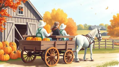 A family enjoys a horse-drawn wagon ride through a pumpkin patch on a sunny autumn day, with a barn and colorful fall foliage in the background.