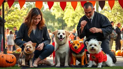 A woman and a man are kneeling on the grass at an outdoor Halloween event, posing with four dogs dressed in costumes. The dogs are a Yorkshire Terrier in a vest, a light-colored mixed breed wearing a red cape, a small orange dog in a lion costume, and a white West Highland Terrier in a Batman shirt. Jack-o'-lanterns and festive orange and red banners are visible in the background.