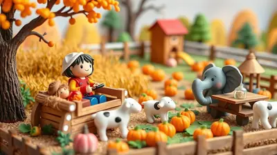 A charming autumn scene with toy figures, featuring a child in a wagon, sheep, pumpkins, and an elephant at a picnic table, set against a backdrop of fall foliage and a small wooden house.
