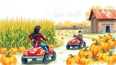 A young girl and boy are riding in red toy cars through a pumpkin patch, with a cornfield on the left and a barn in the background.