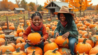Two smiling Black children, one younger and one older, are sitting in a pumpkin patch surrounded by many pumpkins. The younger child on the left is wearing overalls and an orange sweater, holding a large pumpkin. The older child on the right is wearing a denim jacket, a scarf, and a straw hat, also holding a pumpkin. The background shows more pumpkins, a rustic barn, and autumn trees with orange leaves.