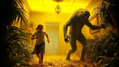 A young woman with short brown hair runs barefoot through a room filled with plants and debris, while a large, hairy, green monster with sharp teeth and claws lunges towards her. The room is dimly lit with a strong yellow hue, creating a tense and frightening atmosphere.