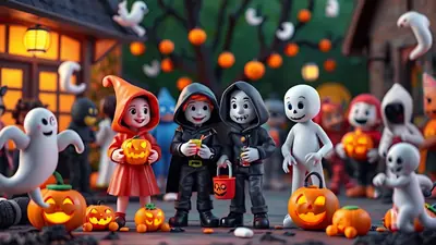 A group of cartoon children in Halloween costumes, including a ghost, a skeleton, and a girl in a red hooded cape, are trick-or-treating in front of a spooky house decorated with pumpkins and ghosts.