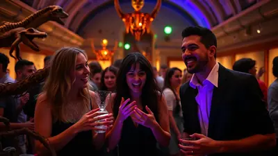 A group of friends are laughing and enjoying themselves at a Halloween party in a museum, with dinosaur skeletons and eerie decorations in the background.