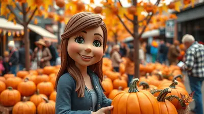 A cartoon girl with brown hair and green eyes smiles at the camera, standing in front of a large display of pumpkins at an outdoor market during autumn.