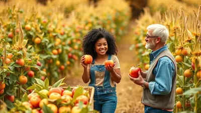A young Black woman and an older white man are smiling and holding apples in an apple orchard during harvest season. A basket of apples is in the foreground.