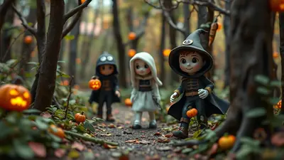 Three cartoon-style figures in Halloween costumes walk through a forest path decorated with pumpkins and autumn leaves. The figure in the foreground wears a wizard hat and cloak, while the other two are dressed as a ghost and a creature with a hood.