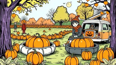 A whimsical Halloween scene with a field full of pumpkins, a child in a scarf and hat sitting near a van, and a figure with a jack-o'-lantern head standing under a tree.