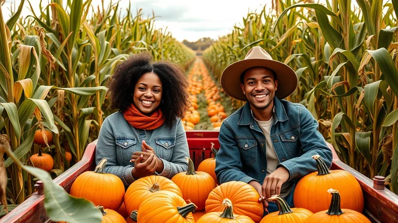 A smiling Black couple sits in the back of a red truck filled with pumpkins, surrounded by a cornfield with a pumpkin patch in the distance.