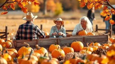 Three people in a wagon filled with pumpkins, surrounded by autumn foliage and more pumpkins.