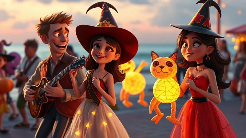 A group of friends in cartoon style are celebrating Halloween on a beach at sunset. A young man plays the guitar, while two young women in witch hats smile. One woman holds a cat-shaped lantern, and the other has a lantern behind her. The mood is festive and cheerful.