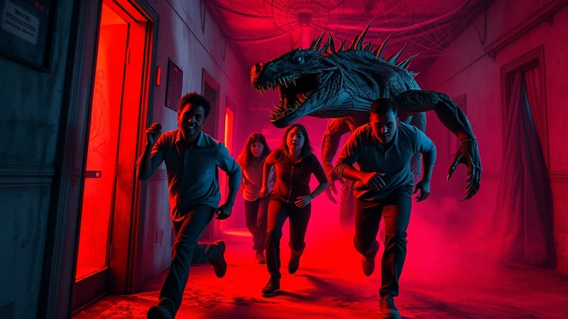 A group of people are running down a dark hallway with red lighting, being chased by a large, monstrous creature with sharp teeth and claws.