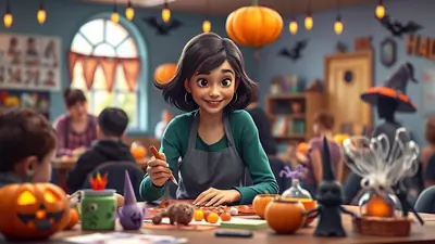 A cartoon-style illustration of a young woman with dark hair and large eyes, wearing a green shirt and gray apron, smiling and holding a crafting tool. She is at a table decorated for Halloween with pumpkins, a jack-o-lantern, and small spooky figures, with other people and Halloween decorations visible in the blurred background.