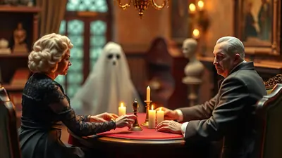 A man and a woman sit at a round table with candles and a planchette, as a ghost floats behind them in a dimly lit, ornate room.