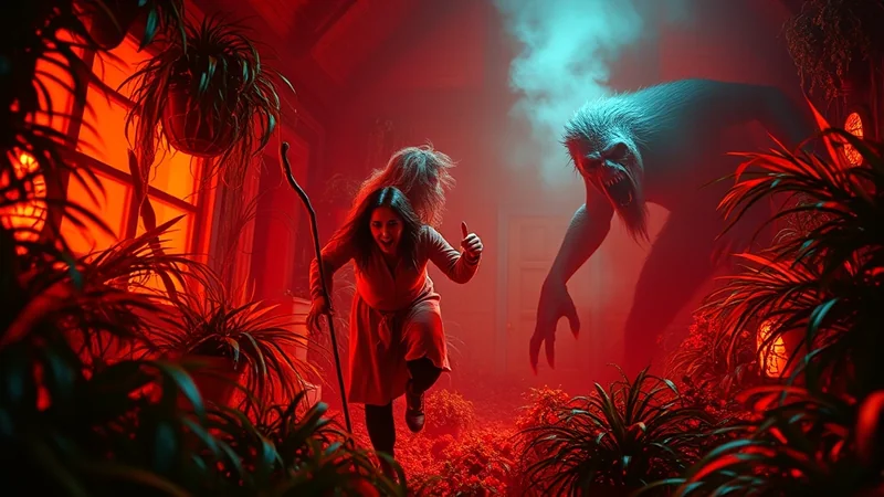 A terrified woman with a stick runs from a large, monstrous creature in a dimly lit, red-hued room filled with plants and smoke.
