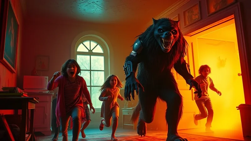 A terrifying werewolf lunges towards a group of frightened children who are running away from it in a dimly lit room with a bright yellow light emanating from a doorway.