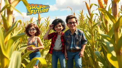 Three animated characters, two boys and a girl, stand in a cornfield under a blue sky with clouds. The "Back to the Future" logo is visible in the upper left corner. The characters are smiling and appear to be in a lighthearted, adventurous mood.