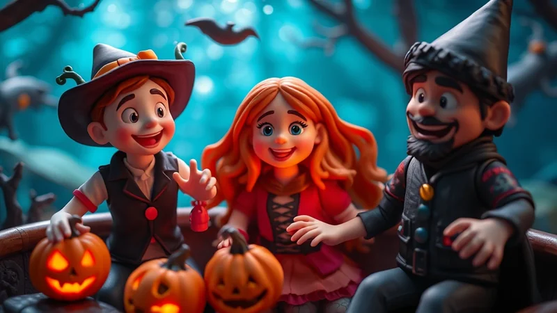 Three cartoon characters dressed for Halloween, two with witch hats and one with a gnome hat, sit together with carved pumpkins in front of them in a dimly lit, spooky forest setting.