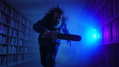 A man with wild hair and a beard runs through a library aisle holding a chainsaw, illuminated by dramatic blue and purple lighting.