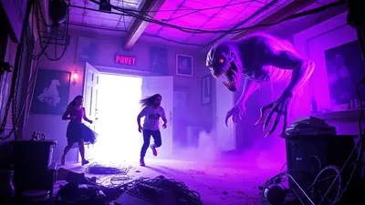 A terrifying, shadowy monster with glowing red eyes and sharp claws lunges at two people running away in a room illuminated by purple light.