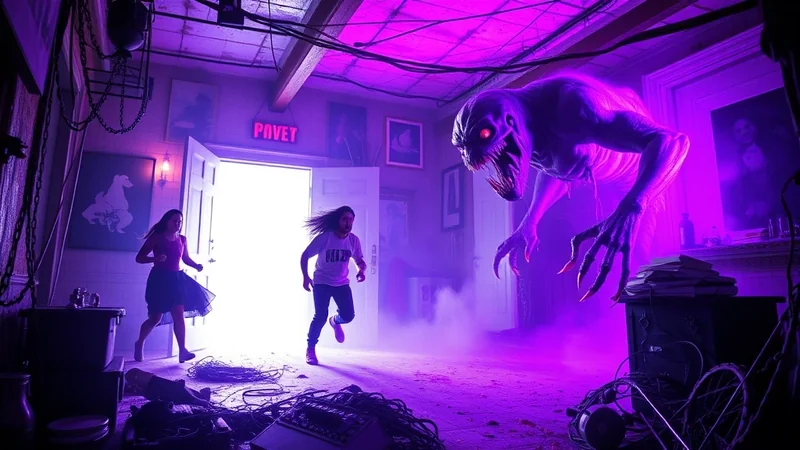 A terrifying, shadowy monster with glowing red eyes and sharp claws lunges at two people running away in a room illuminated by purple light.