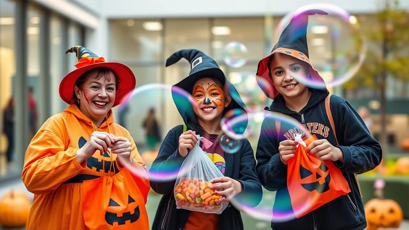 Three people in Halloween costumes, including two children and one adult, are smiling and holding candy bags. The child in the middle has face paint, and bubbles float around them.