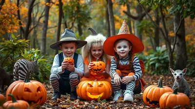 Three children in Halloween costumes, holding pumpkins and sitting in a forest with autumn leaves and carved pumpkins.