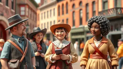 Three cartoon-like characters in vintage Western-style clothing are walking down a street. The character on the left is a man with a mustache wearing a hat and vest. In the center is a young girl with a wide smile, holding a smartphone. To the right is a Black woman with curly hair, also looking to the side. The background shows brick buildings and a blurred street scene.