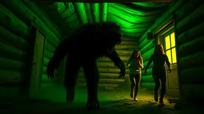 A terrifying, shadowy werewolf-like creature with glowing red eyes lunges forward in a dimly lit log cabin, while two frightened young women run away from it towards a bright yellow window.