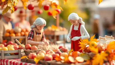 Two young girls with white hair, dressed in autumnal farm attire, are arranging apples and other produce at an outdoor market stall, with colorful fall leaves and ripe apples decorating the scene.