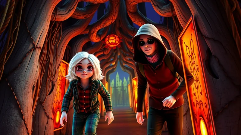 Two children with stylized, slightly eerie features walk down a dimly lit, spooky path lined with glowing orange panels and gnarled tree roots, with a gothic castle visible in the distance.