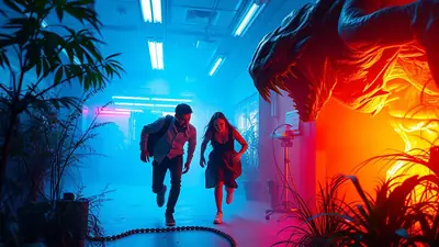 A man and a woman are running away from a large, monstrous creature with sharp teeth and glowing eyes in a dimly lit hallway with blue and orange lighting.