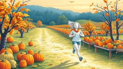 A person with white hair and no face, wearing a white t-shirt and blue shorts with an orange scarf, runs through a pumpkin patch on a sunny autumn day. Rows of pumpkins and trees with orange leaves line a dirt path leading into the distance, with rolling hills in the background.