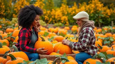 Two women in plaid shirts are sitting in a pumpkin patch, surrounded by many pumpkins. The woman on the left has dark curly hair and is smiling, while the woman on the right wears a cap and is looking down at a pumpkin.