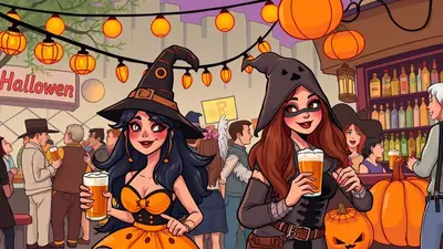 Two women in witch costumes holding beers at a Halloween-themed bar, with pumpkins and string lights decorating the scene.