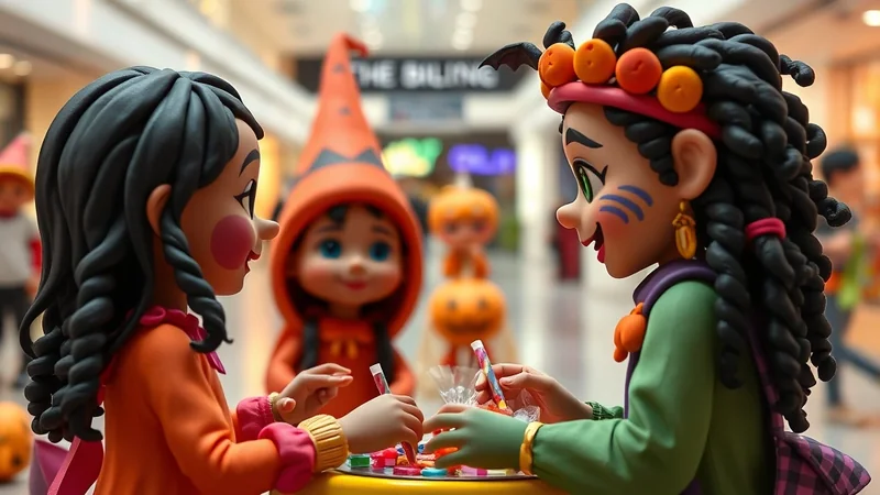 Three cartoon characters dressed in Halloween costumes are gathered around a table filled with candy. The character on the right wears a witch costume with a pumpkin accessory, while the character on the left is dressed as a gnome. Another gnome character is visible in the background.