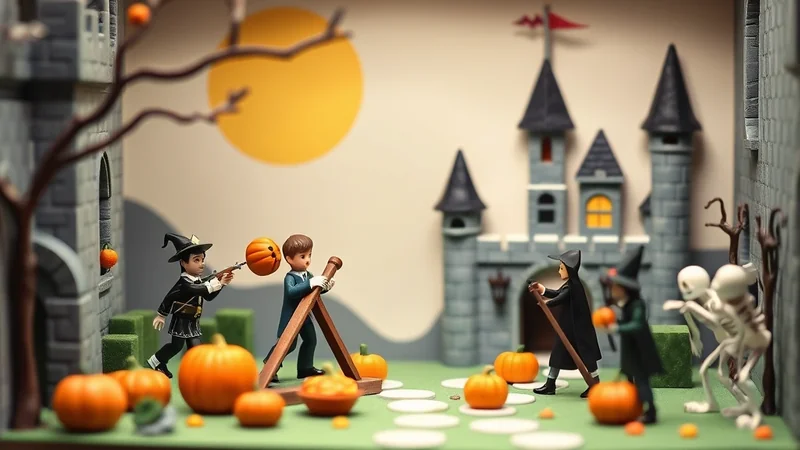 A Halloween scene with toy figures in front of a castle, featuring a boy with a pumpkin launcher, a witch, and skeletons, set against a backdrop with a large yellow moon.
