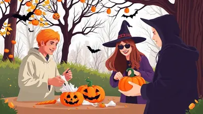 Three young people are carving pumpkins outdoors in a forest setting decorated for Halloween with pumpkins hanging from trees and bats flying in the background. The person on the left has orange hair and is wearing a light-colored hoodie. The person in the middle is wearing a witch's hat and sunglasses, and is smiling as they carve a pumpkin. The person on the right is wearing a dark hoodie and is holding a pumpkin.