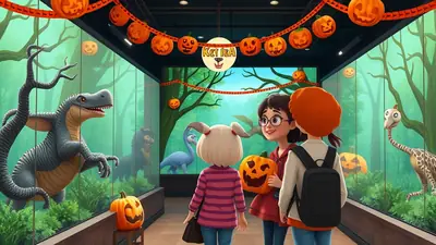 Three children dressed in Halloween costumes are looking at dinosaur and animal exhibits in a museum decorated with pumpkins and Halloween banners.